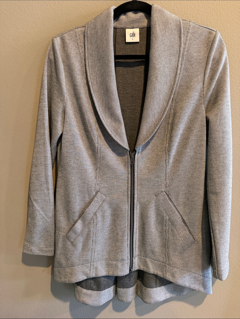 CAbi Navy/Gray Striped Zip Jacket